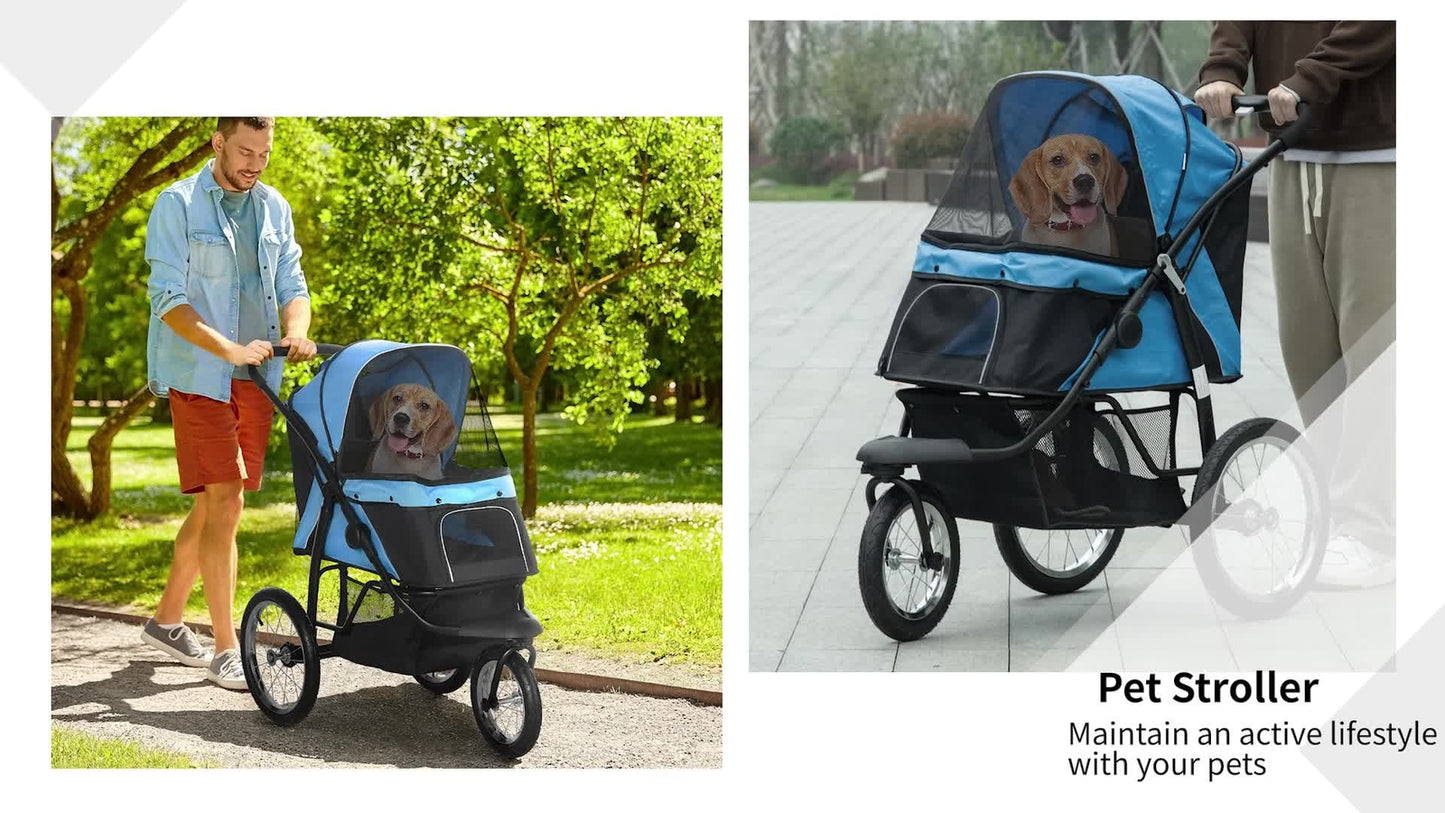 Pawhut 3 Wheel Pet Stroller, for Medium Small Dogs, Foldable Cat Pram - Blue
