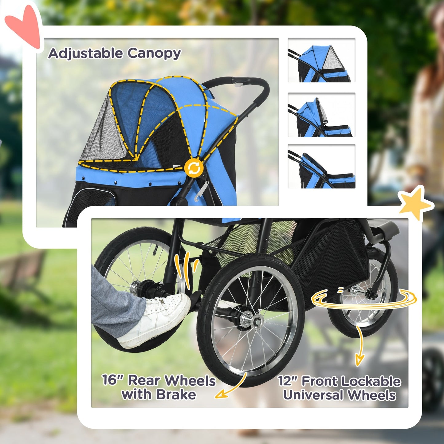 Pawhut 3 Wheel Pet Stroller, for Medium Small Dogs, Foldable Cat Pram - Blue