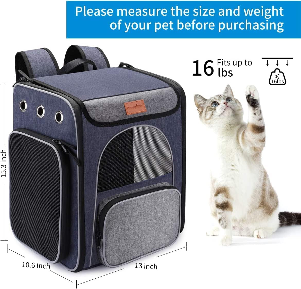 Cat Carrier Backpack, Foldable Pet Backpack Carrier for Cats and Small Dogs, Breathable Dog Carrier Backpack with Inner Safety Leash + Folding Dog Bowl Ideal for Hiking Traveling Outdoor Use