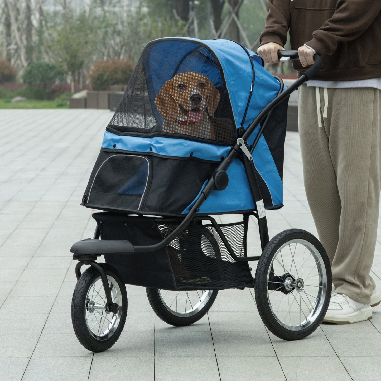 Pawhut 3 Wheel Pet Stroller, for Medium Small Dogs, Foldable Cat Pram - Blue