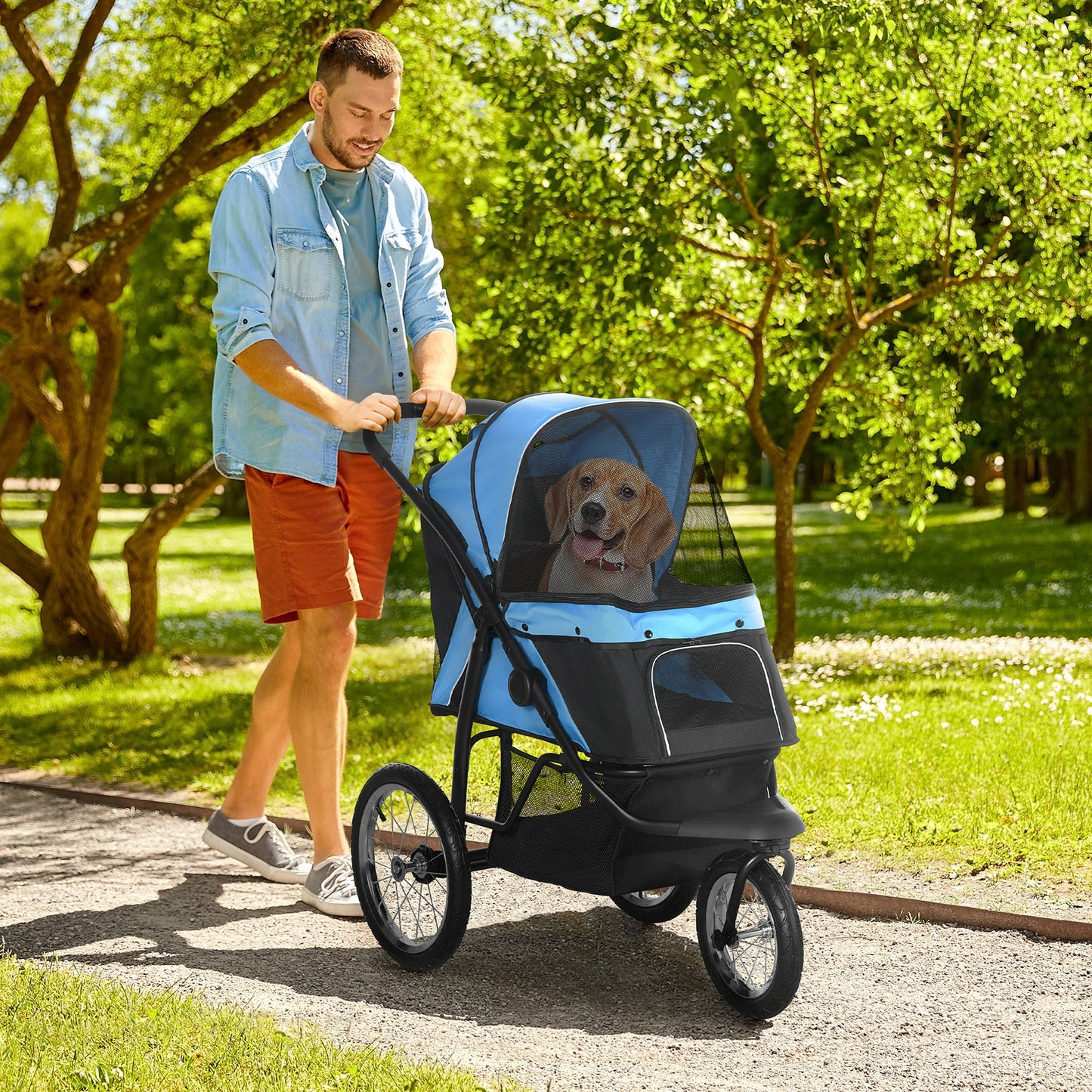 Pawhut 3 Wheel Pet Stroller, for Medium Small Dogs, Foldable Cat Pram - Blue