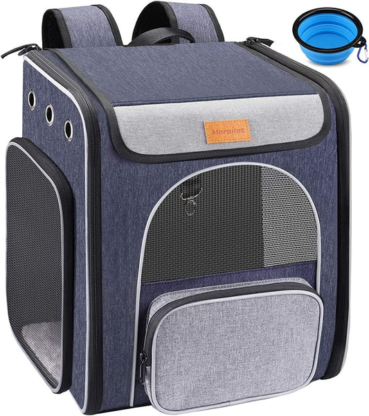 Cat Carrier Backpack, Foldable Pet Backpack Carrier for Cats and Small Dogs, Breathable Dog Carrier Backpack with Inner Safety Leash + Folding Dog Bowl Ideal for Hiking Traveling Outdoor Use
