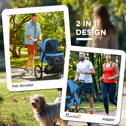 Pawhut 3 Wheel Pet Stroller, for Medium Small Dogs, Foldable Cat Pram - Blue