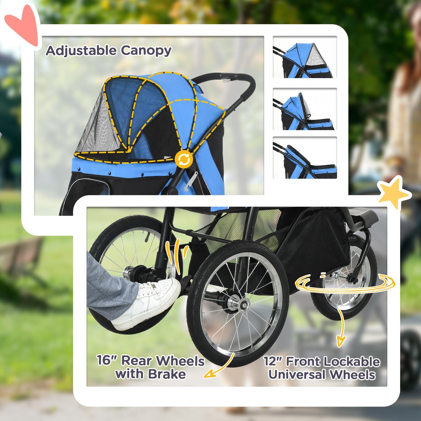 Pawhut 3 Wheel Pet Stroller, for Medium Small Dogs, Foldable Cat Pram - Blue