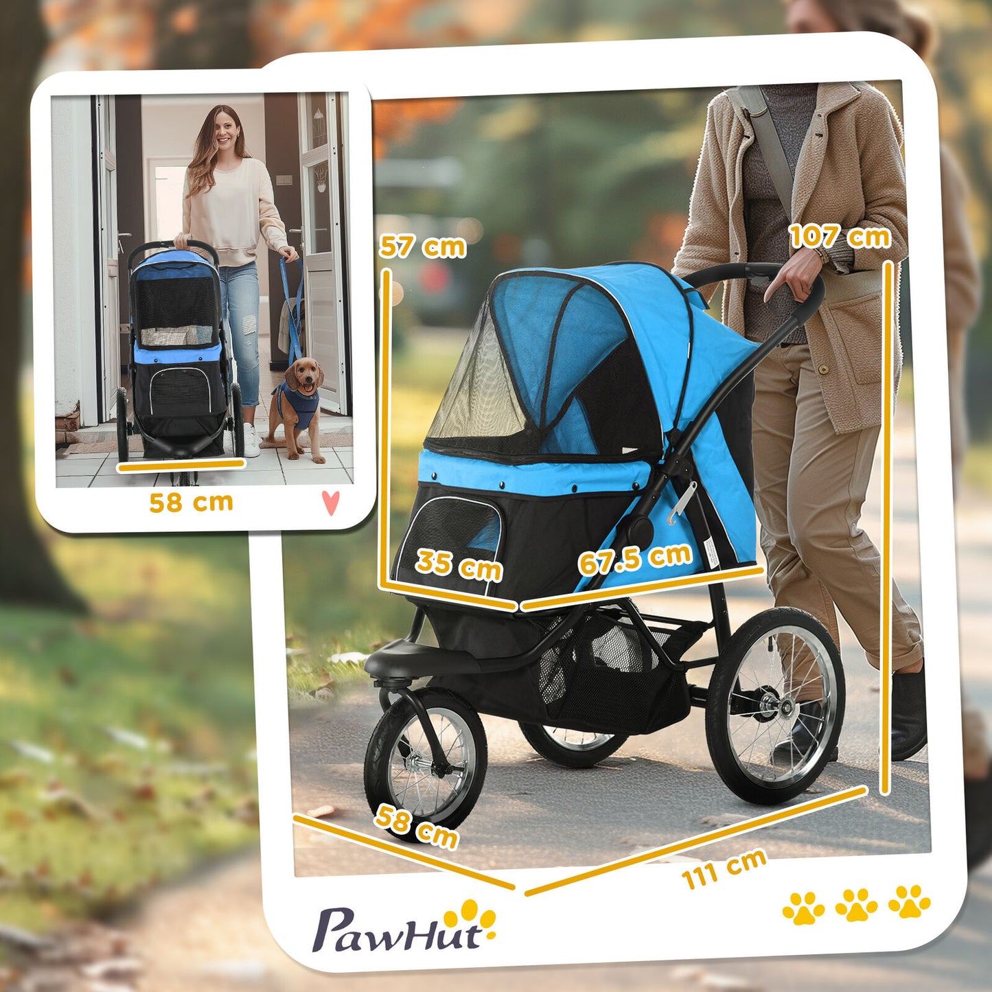 Pawhut 3 Wheel Pet Stroller, for Medium Small Dogs, Foldable Cat Pram - Blue